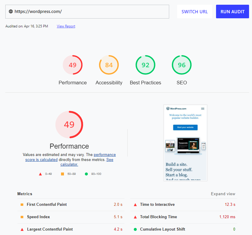 web.dev page speed score